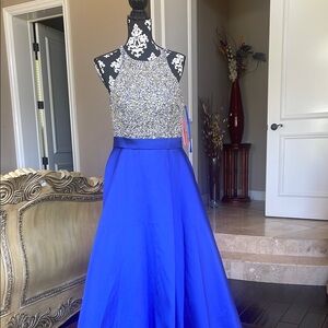 JVN by Jovani Blue and Silver Prom Dress